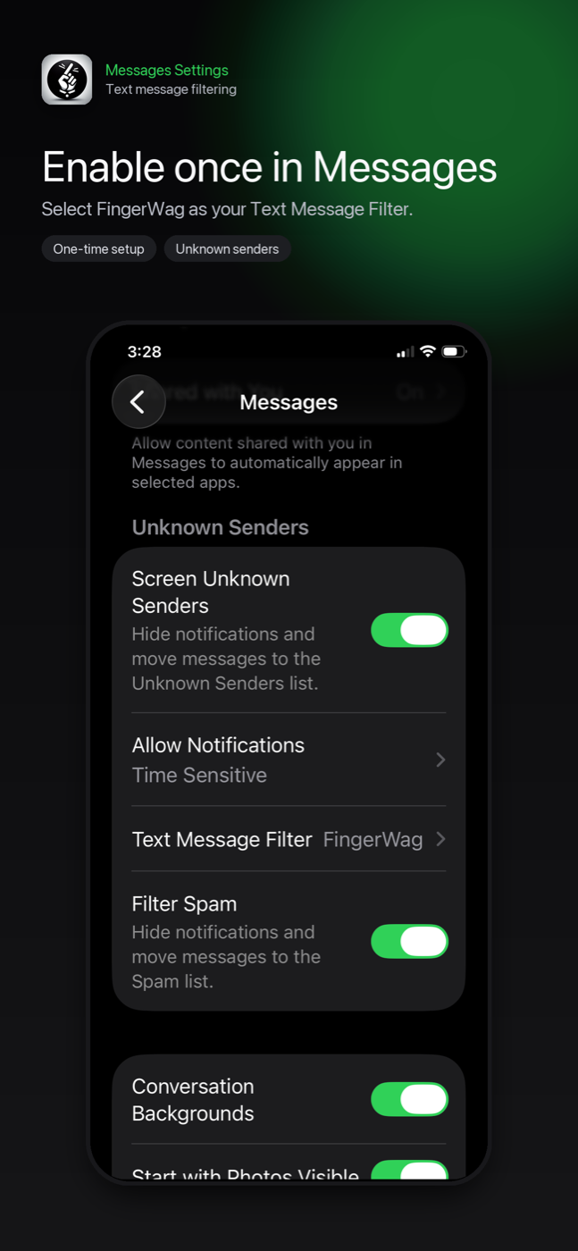 iPhone Settings screenshot showing FingerWag selected for Text Message Filtering