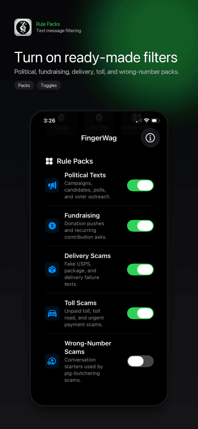 FingerWag iPhone app showing spam and scam text filtering rules